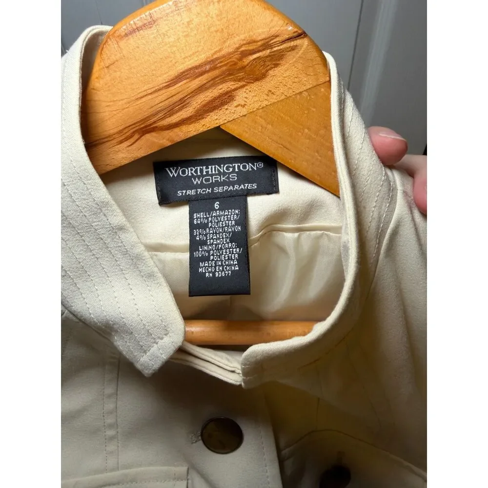 Worthington Works Cropped Military Jacket Women's Size 6 Ivory Stretch